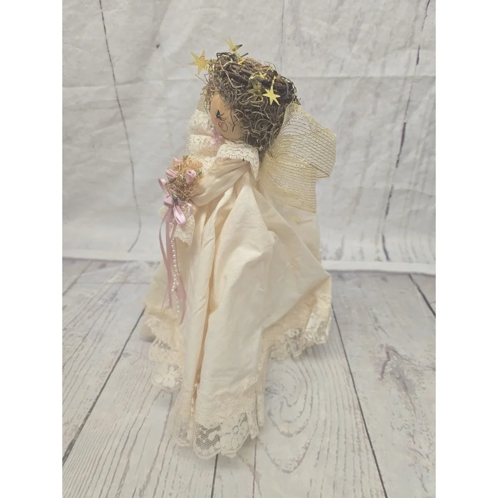 Vtg 90s Handcrafted Christmas Angel Raffia Ribbon Wings,  Farmhouse Cottage